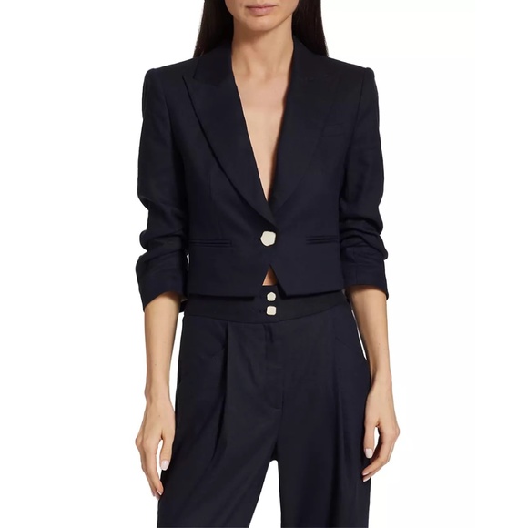 Veronica Beard Delpha Crop Jacket Blazer Navy Blue Linen 4 Designer 304LN1410426